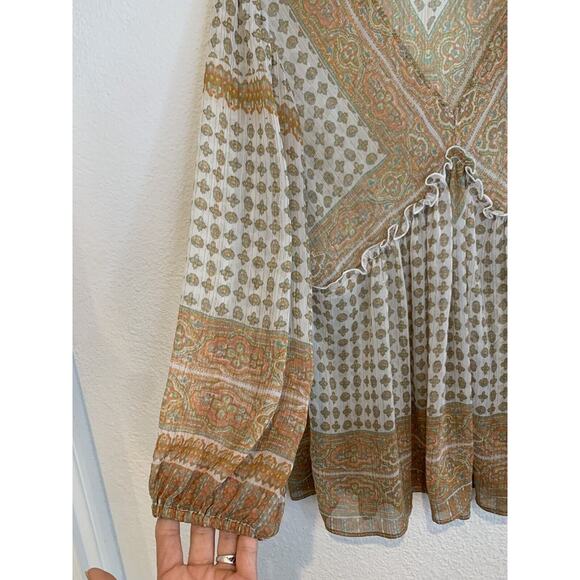 Rose Olive Boho Paisley Print Ruffle V Neck Long Sleeve Blouse‎ Top M - Picture 3 of 6